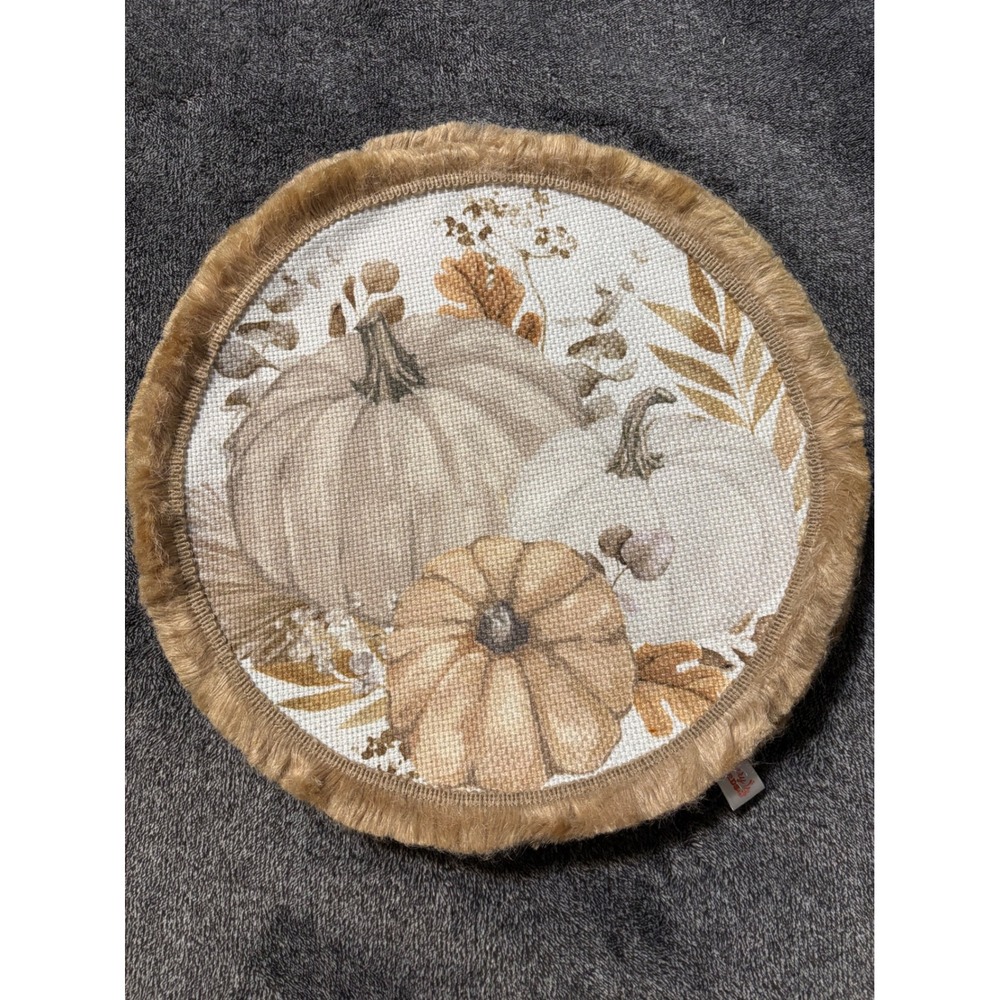 Bayberry Orchards Set of 4 Pumpkin Faux Fur Trim Round Placemats Fall Decor Tan